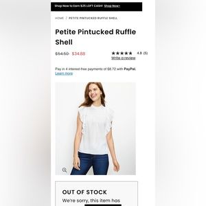 Loft pintucked ruffle shell sleeveless top, XS